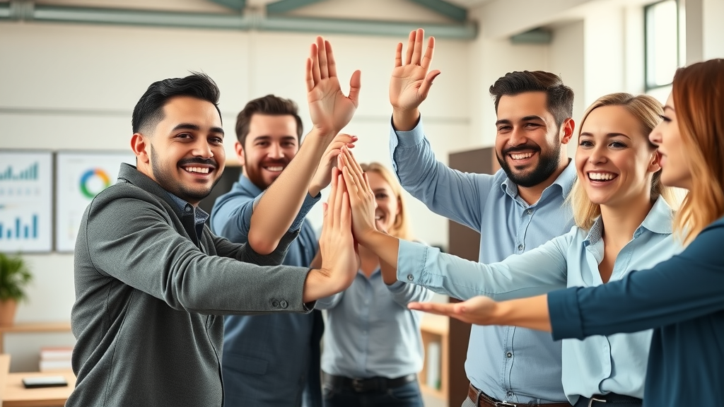 Successful small business team celebrating payroll tax savings achievement with smiles and high-fives