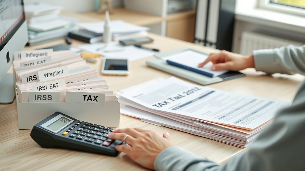 Organized workspace with tax forms and tools used for payroll tax savings for SMBs
